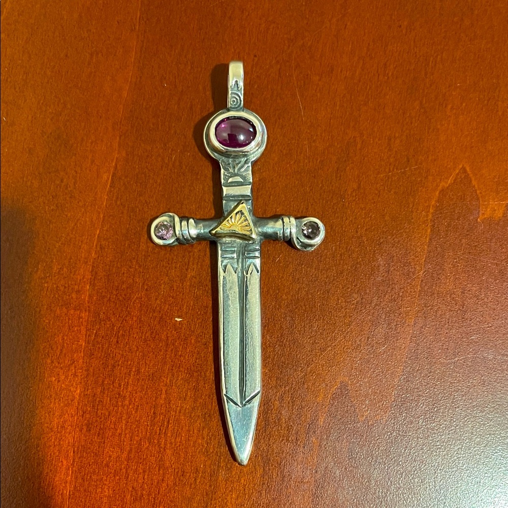Sterling & 14k Gold Sword “Dragon Slayer” Pendant Pink Stones by Sun Lyon Studio